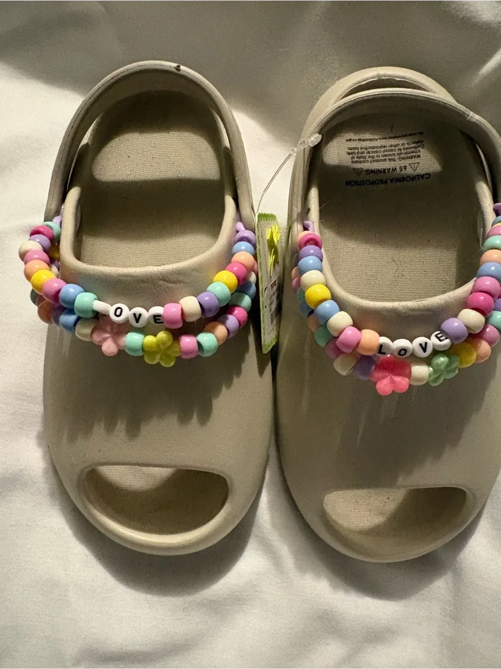 Kids Beige Clog Sandals with Colorful Bead Straps - LOVE Detail